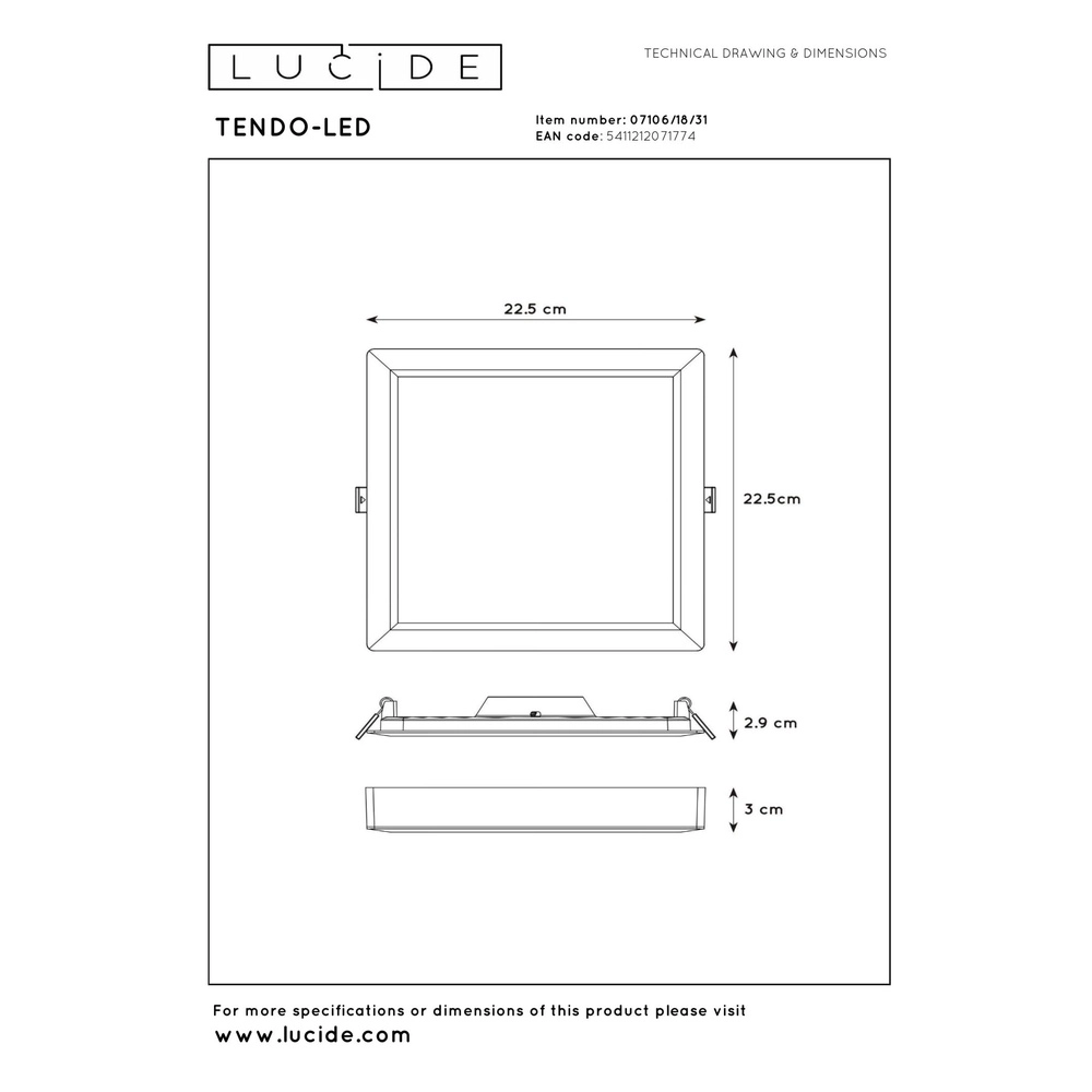 Lumière blanche de plafond Tendo-Led Carré Lucide 5411212071774