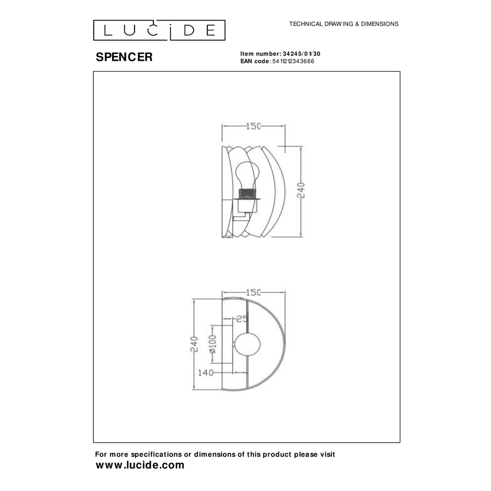 Lampe murale Spencer Noir Lucide 5411212343666