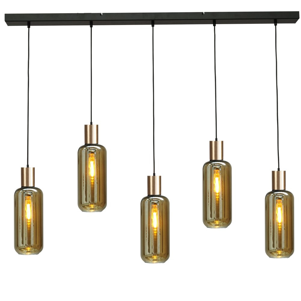 Lampe à suspension noire et dorée Bounty Verre cylindrique à 5 lumières