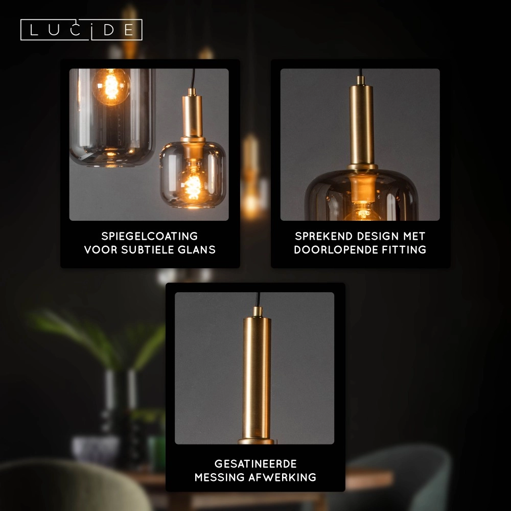 Lampe suspendue à 5 lumières Joanet Ø 66 cm d’or avec verre fumé Lucide 5411212451439