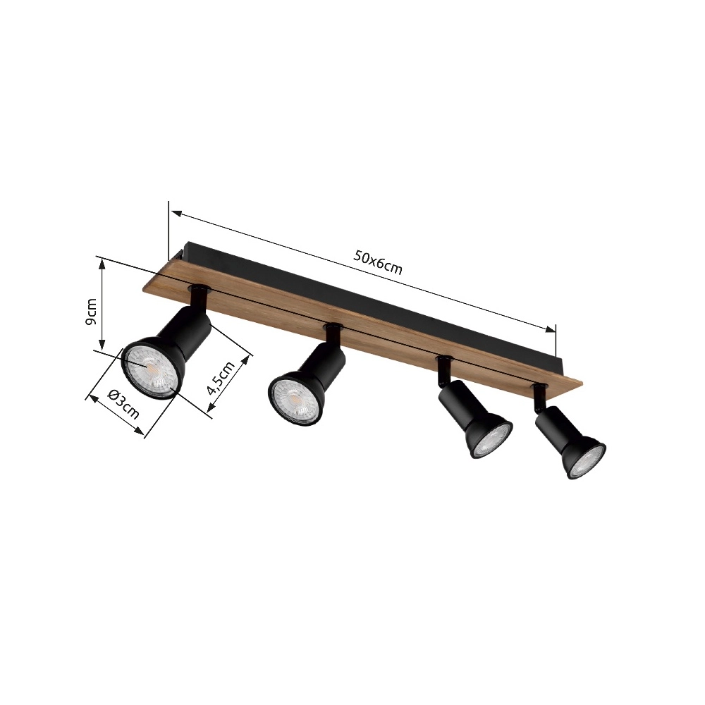 Projecteur de plafond Drew noir avec 4 lumières en bois Globo 9007371436781