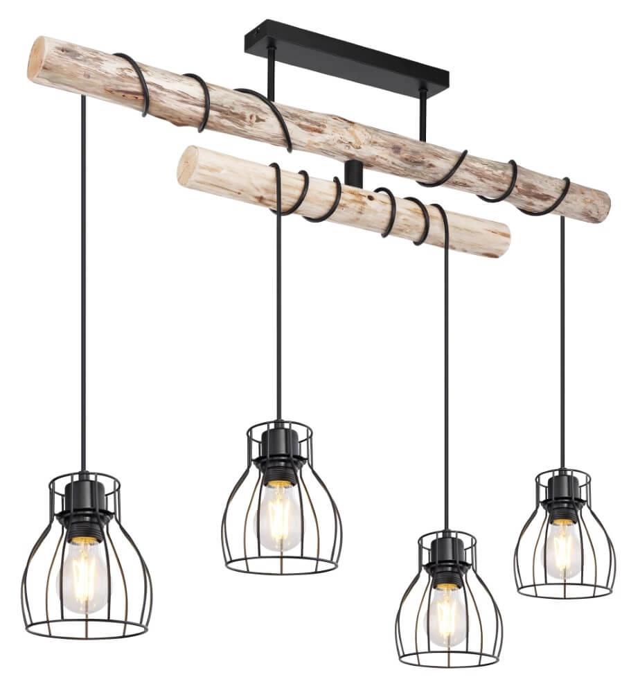 Lampe suspendue Mina noir avec bois 4 lumières variables Lampe suspendue Mina noir avec bois 4 lumières variables