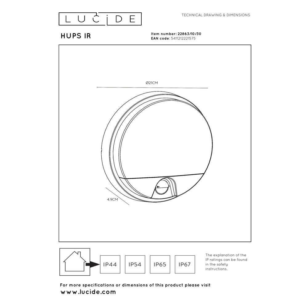 Lampe murale élégante Hups Ir Ø 21cm noir avec capteur Lucide 5411212221575