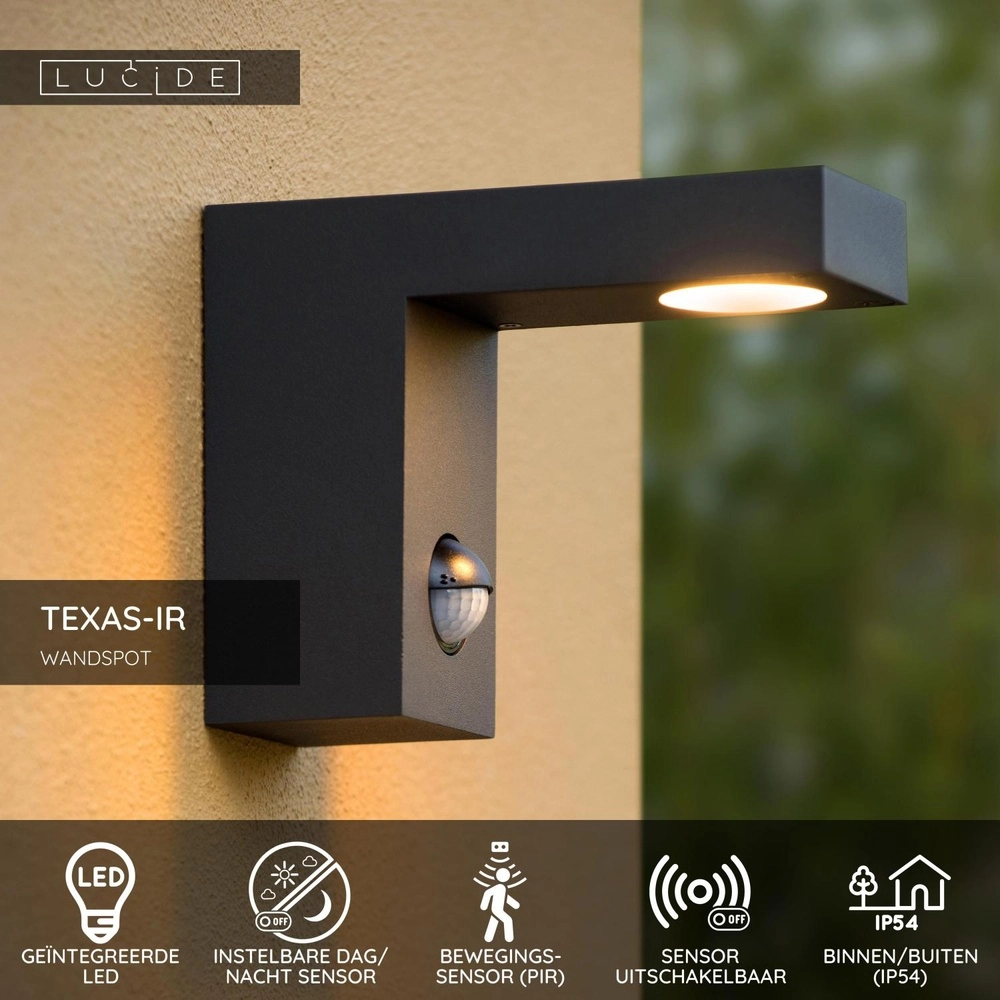 Lampe murale Texas-Ir anthracite avec capteur Lucide 5411212281005