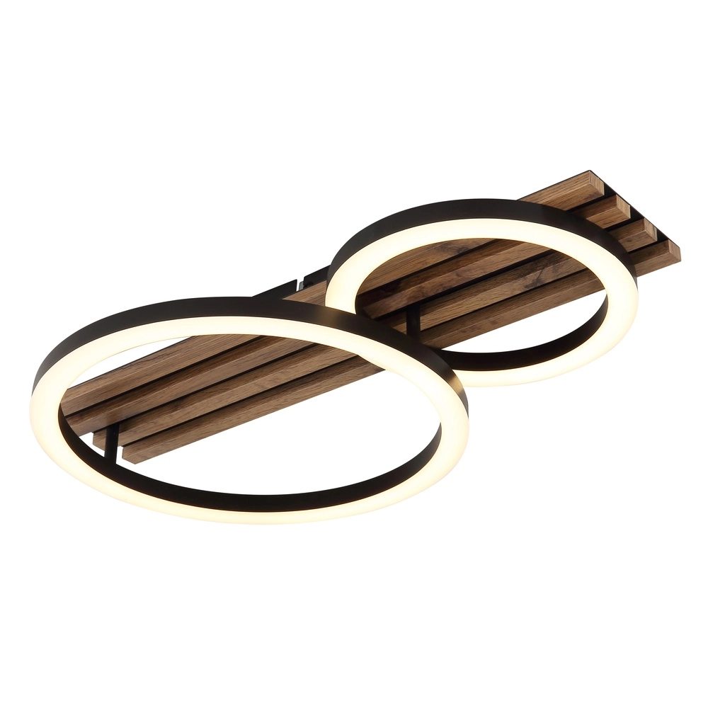 Lampe de plafond Tisha 2 anneaux noirs avec du bois