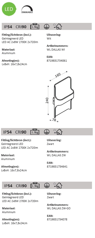 Lampe d'extérieur LED Dallas Haut-Bas noir Artdelight 8719831734641