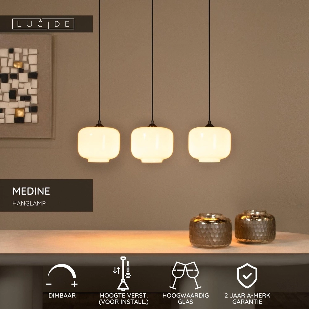 Lampe suspendue droite Medine 3-noir clair avec opale Lucide 5411212461001