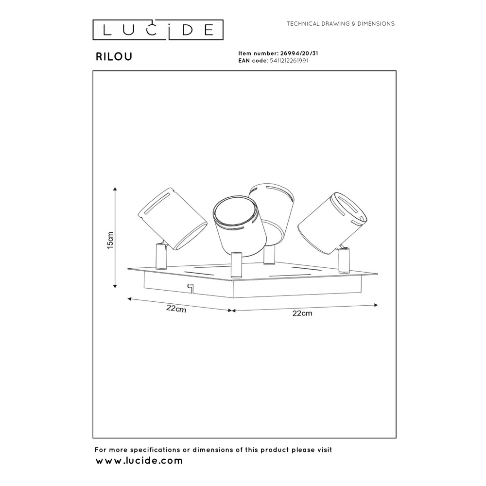 Projecteur de plafond Rilou Blanc dimmable à 4 lumières Lucide 5411212261991