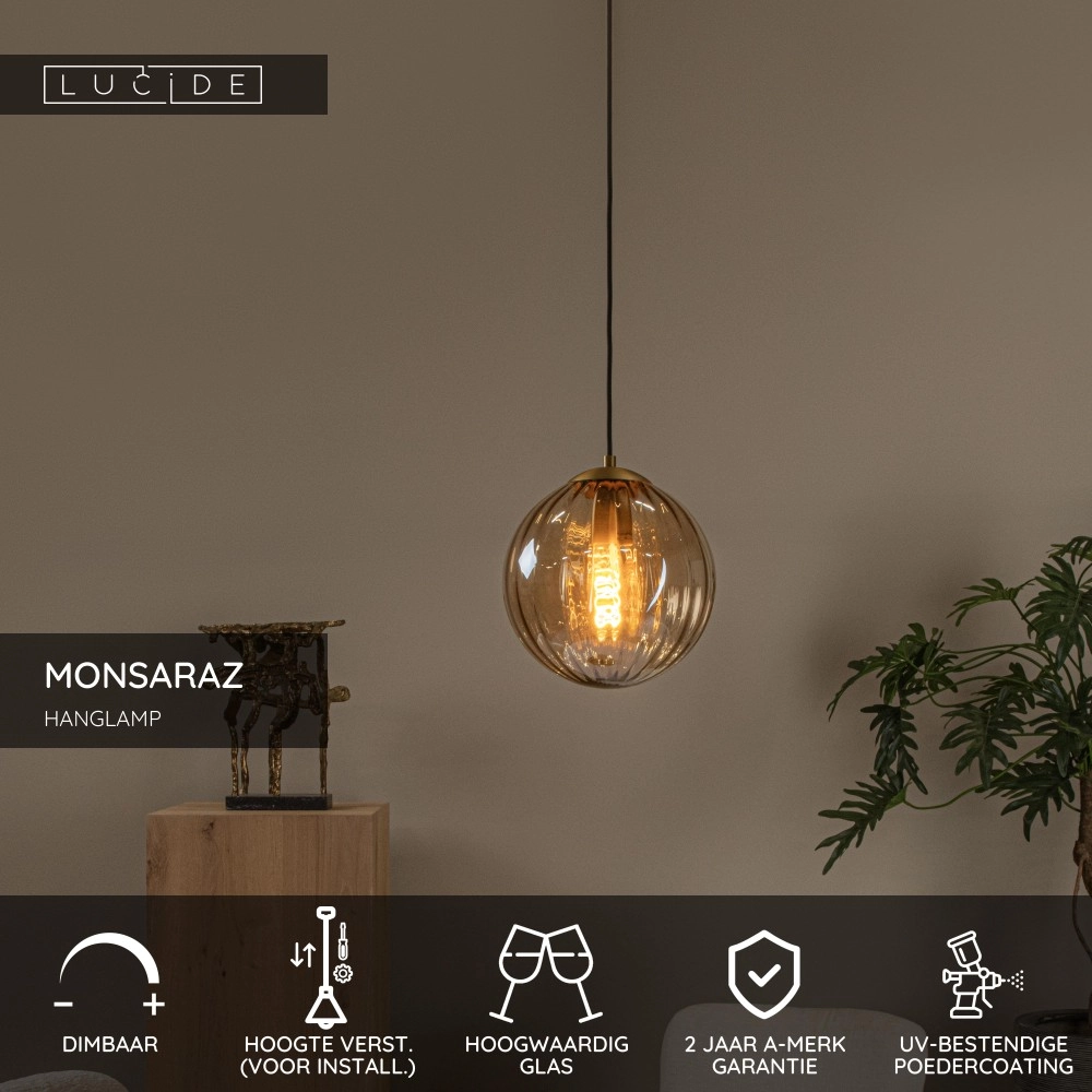 Lampe suspendue Monsaraz Ø verre ambré de 25 cm Lucide 5411212452405