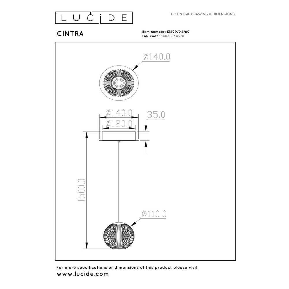Lampe pendante dorée Cintra Ø 14cm Lucide 5411212134370