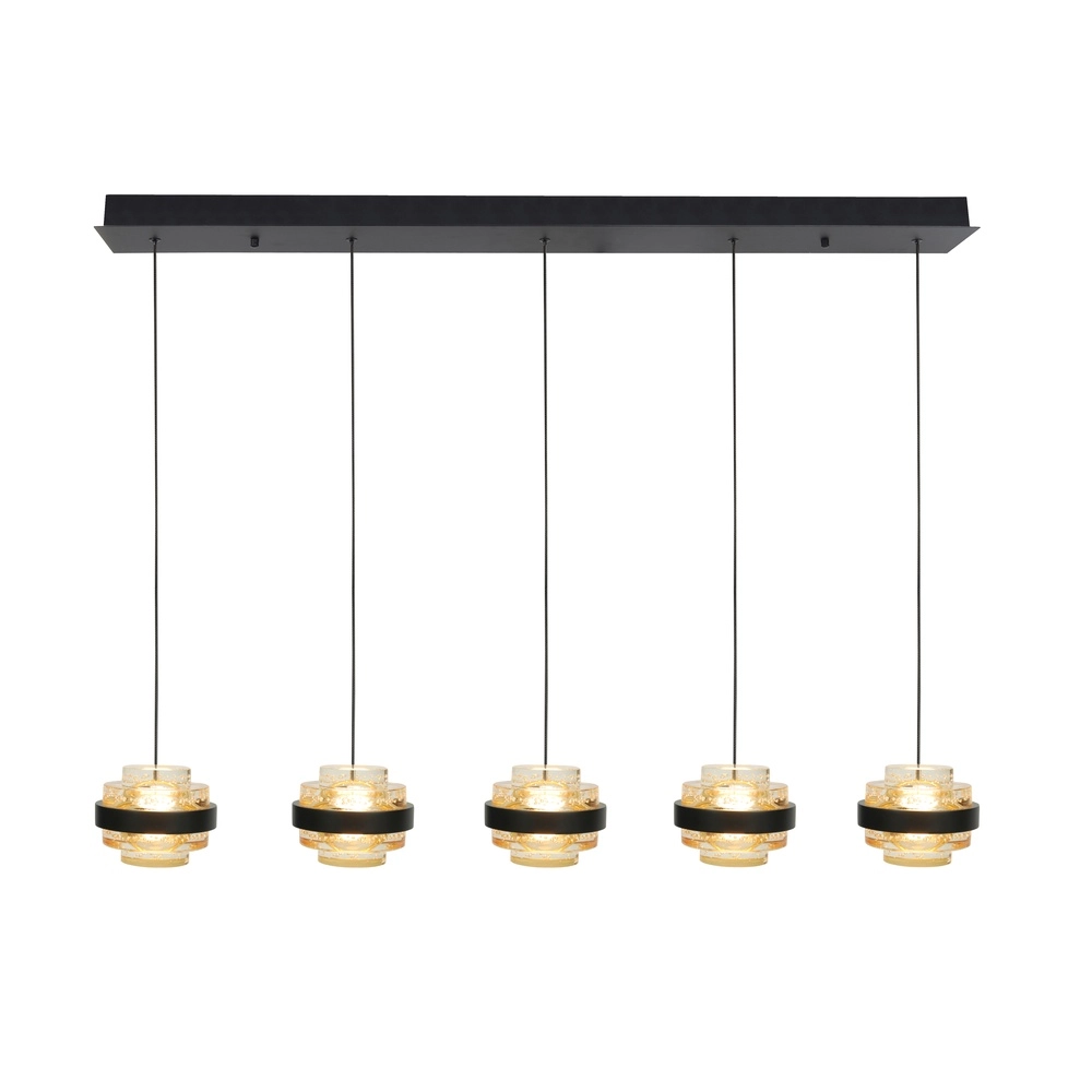 Suspension Dynasty 5 lumières droites noires avec verre ambré Suspension Dynasty 5 lumières droites noires avec verre ambré
