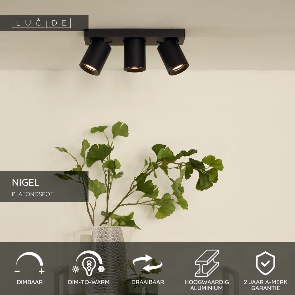 Projecteur de plafond Nigel Noir à 3 lumières Lucide 5411212092571