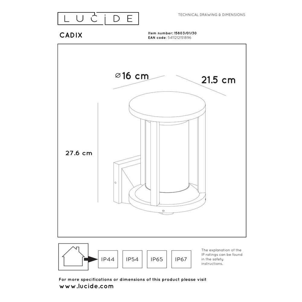 Lampe de porte d’entrée Cadix IP65 noir Lucide 5411212151896