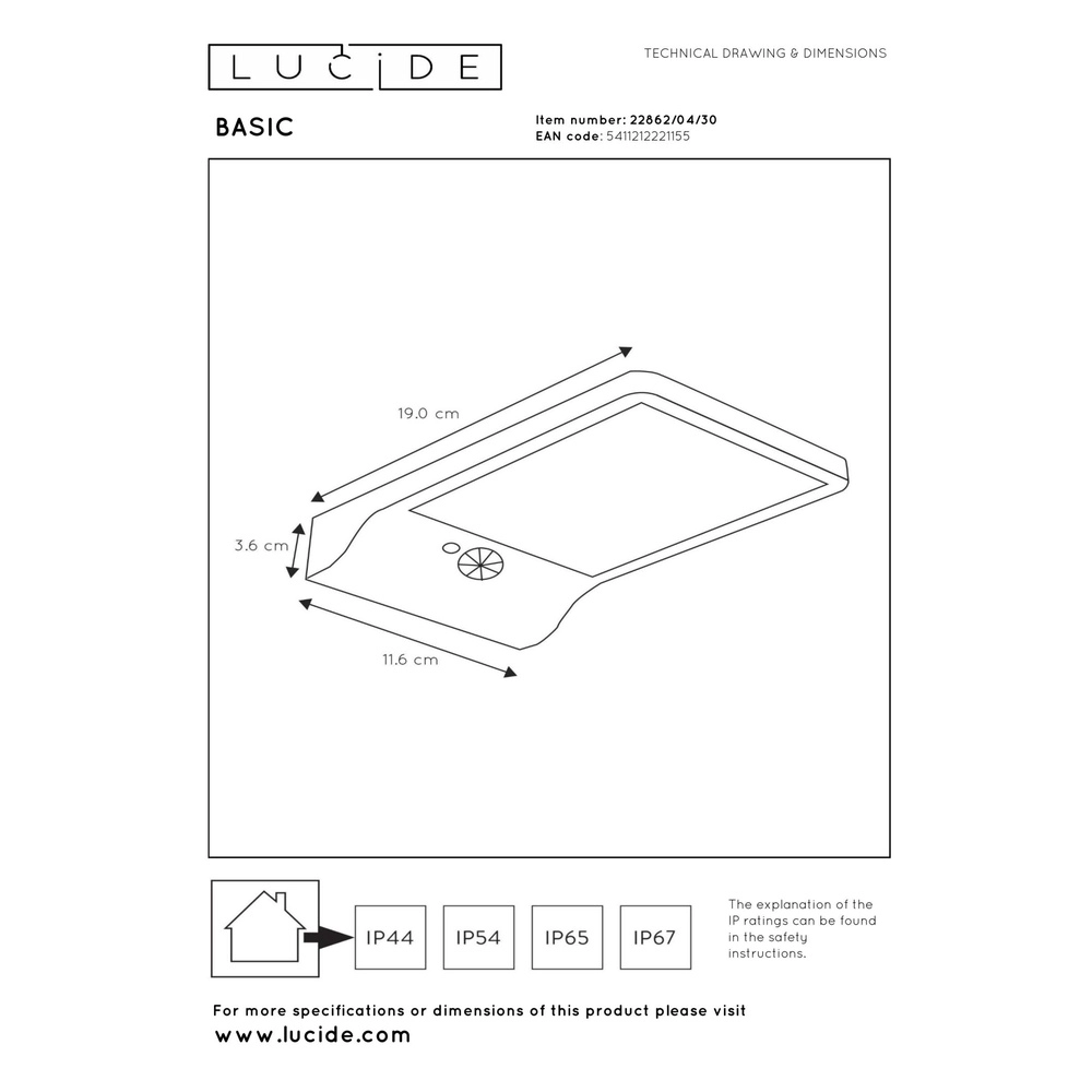 Éclairage mural solaire Basic Noir Lucide 5411212221155