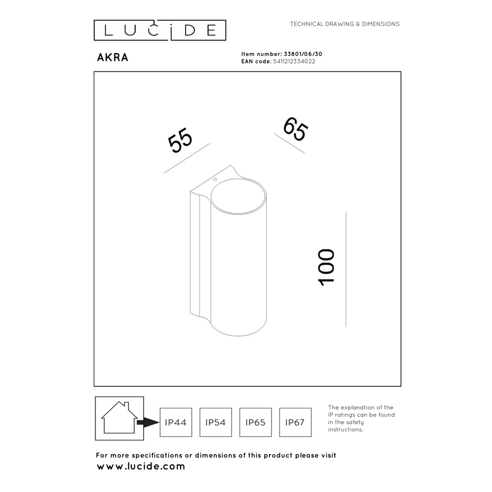 Lampe murale de conception Akra IP54 noir baissé Lucide 5411212334022