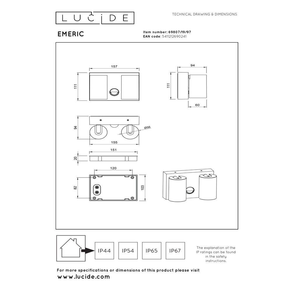 Tache murale IP65 Emeric Double brun rouille avec capteur Lucide 5411212690241