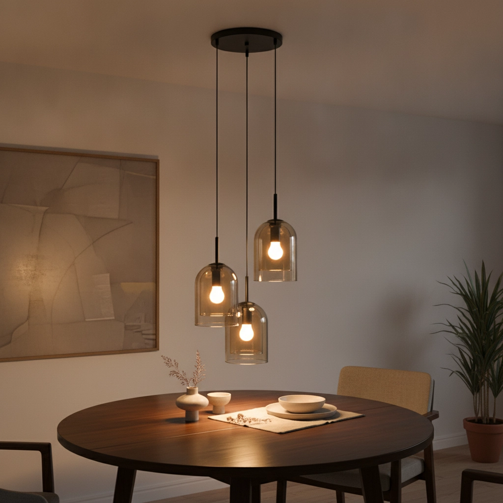 Suspension Velor 3 lumières noir avec verre ambré rond