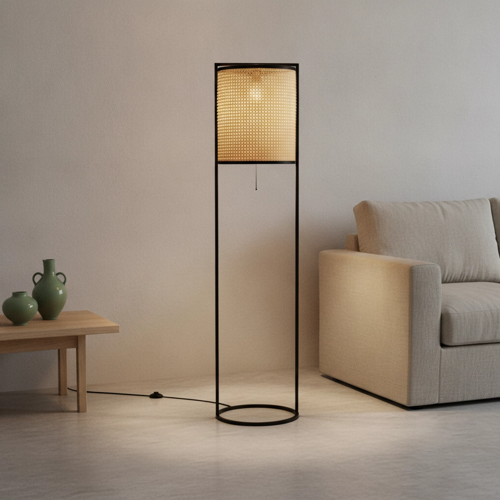 Lampadaire Erto noir et rotin