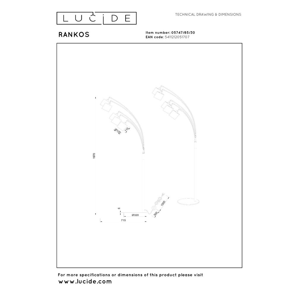 Lampe de pied à 5 lumières Rankos Noir Lucide 5411212051707