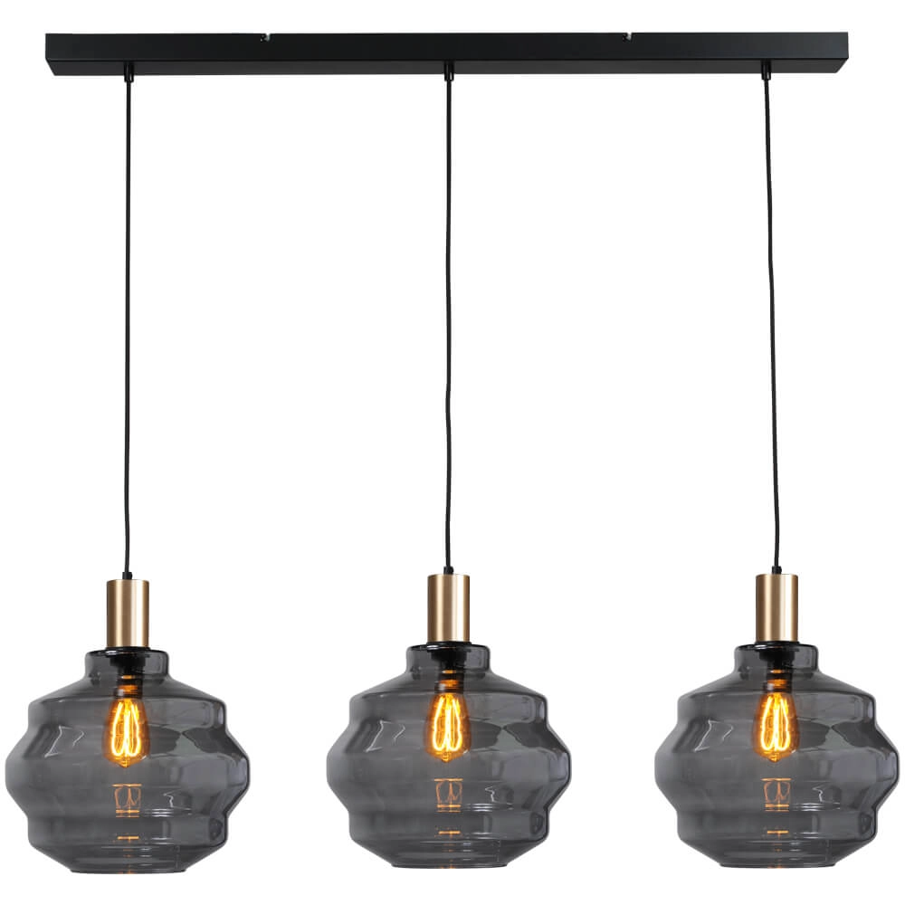 Lampe suspendue 3 lumières - dorée - Porto avec verres à fumée Ball - Ø 30cm
