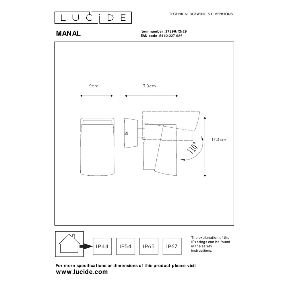 Lampe murale de conception Manal anthracite Lucide 5411212271686
