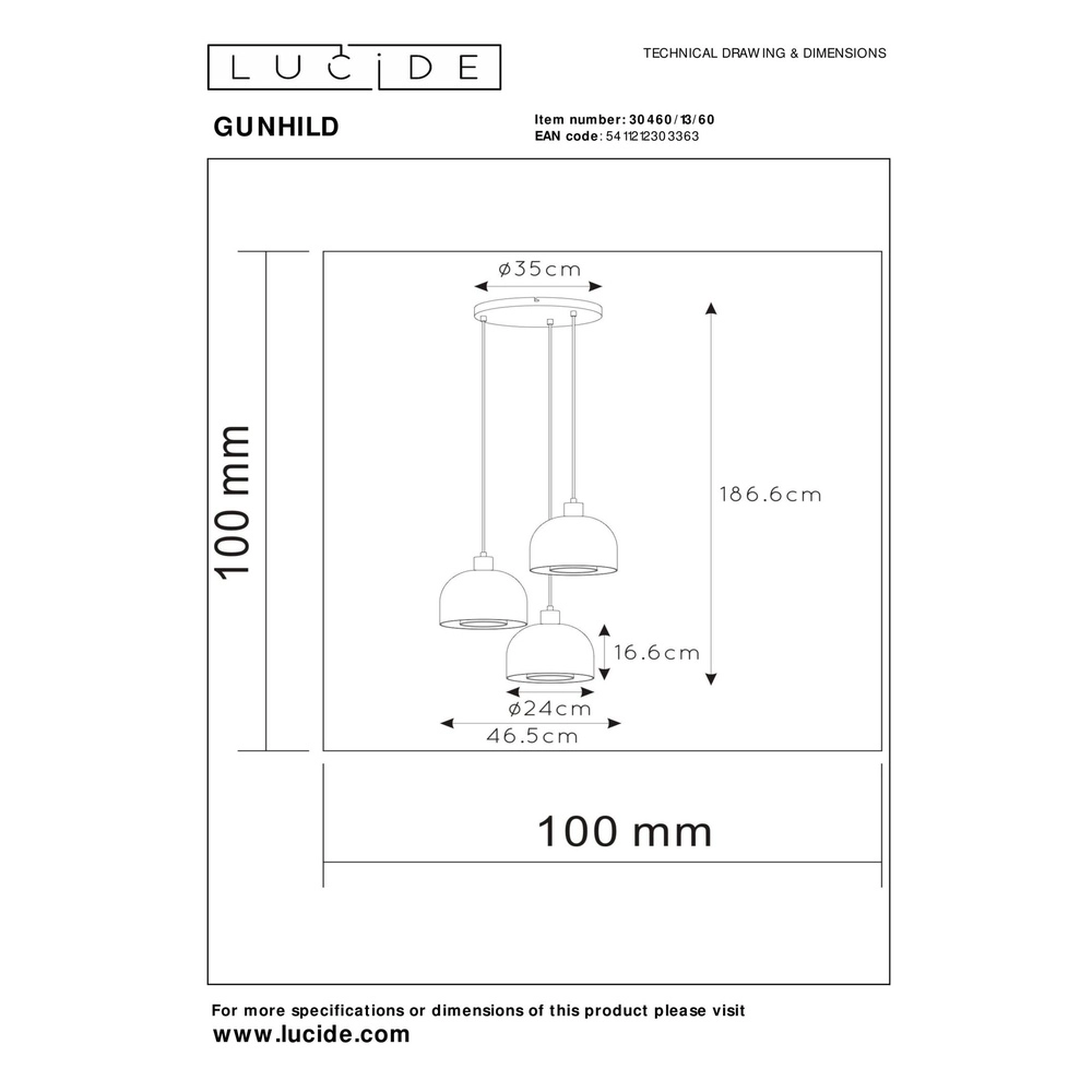 Lampe pendante de conception Gunhild Rond or à 3 lumières Lucide 5411212303363