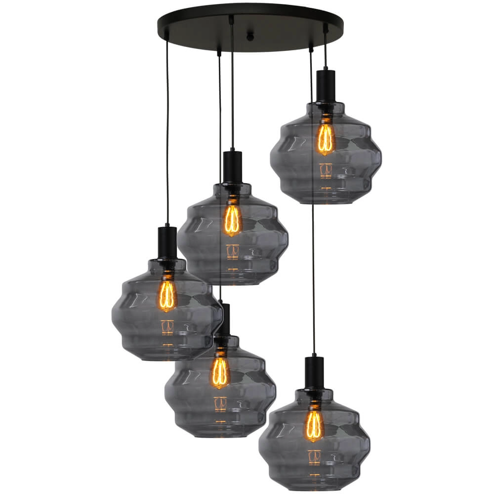 Suspension loft 5 lumières - noire - Porto avec verres à fumée Ball - Ø 30cm
