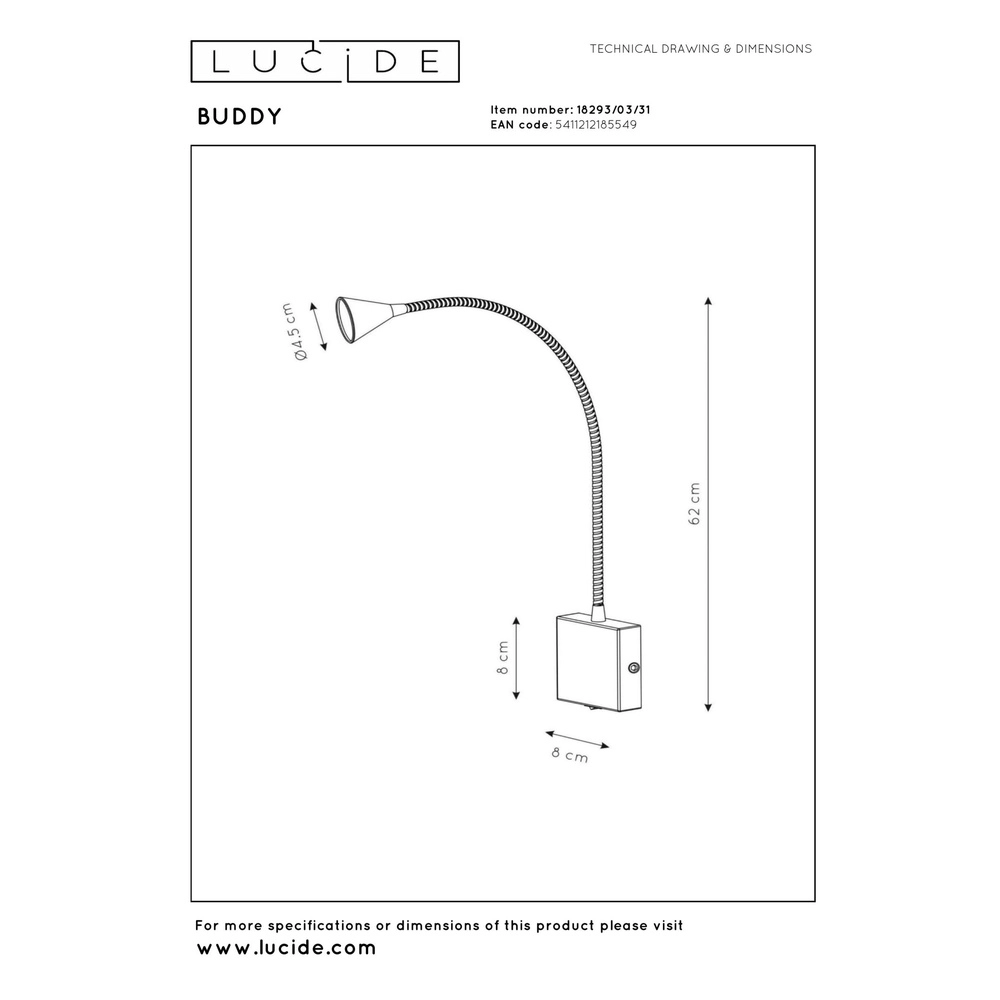 Lampe de lecture pour le lit Buddy 4000K blanc Lucide 5411212185549
