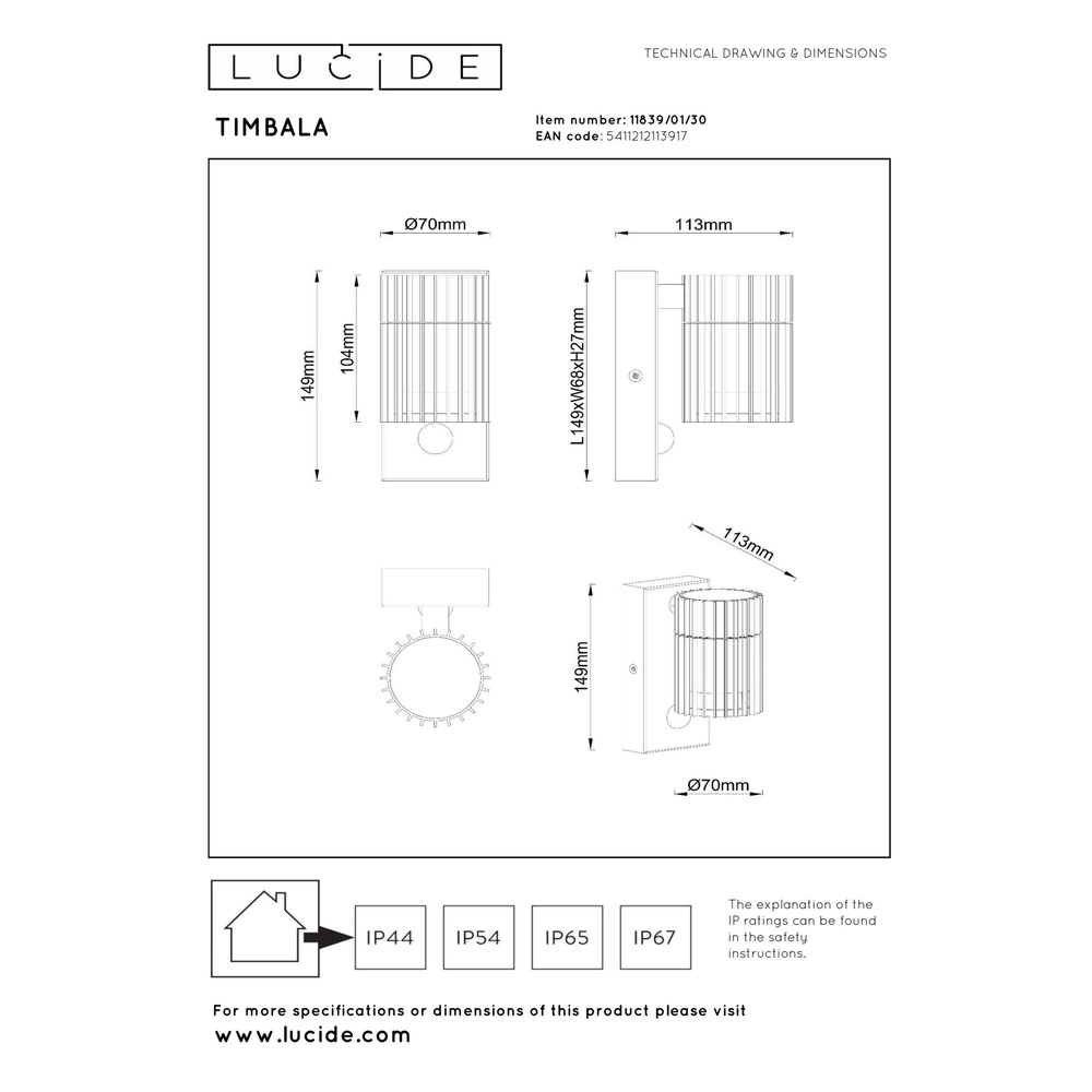 Lampe murale noire Timbala seulement avec capteur Lucide 5411212113917