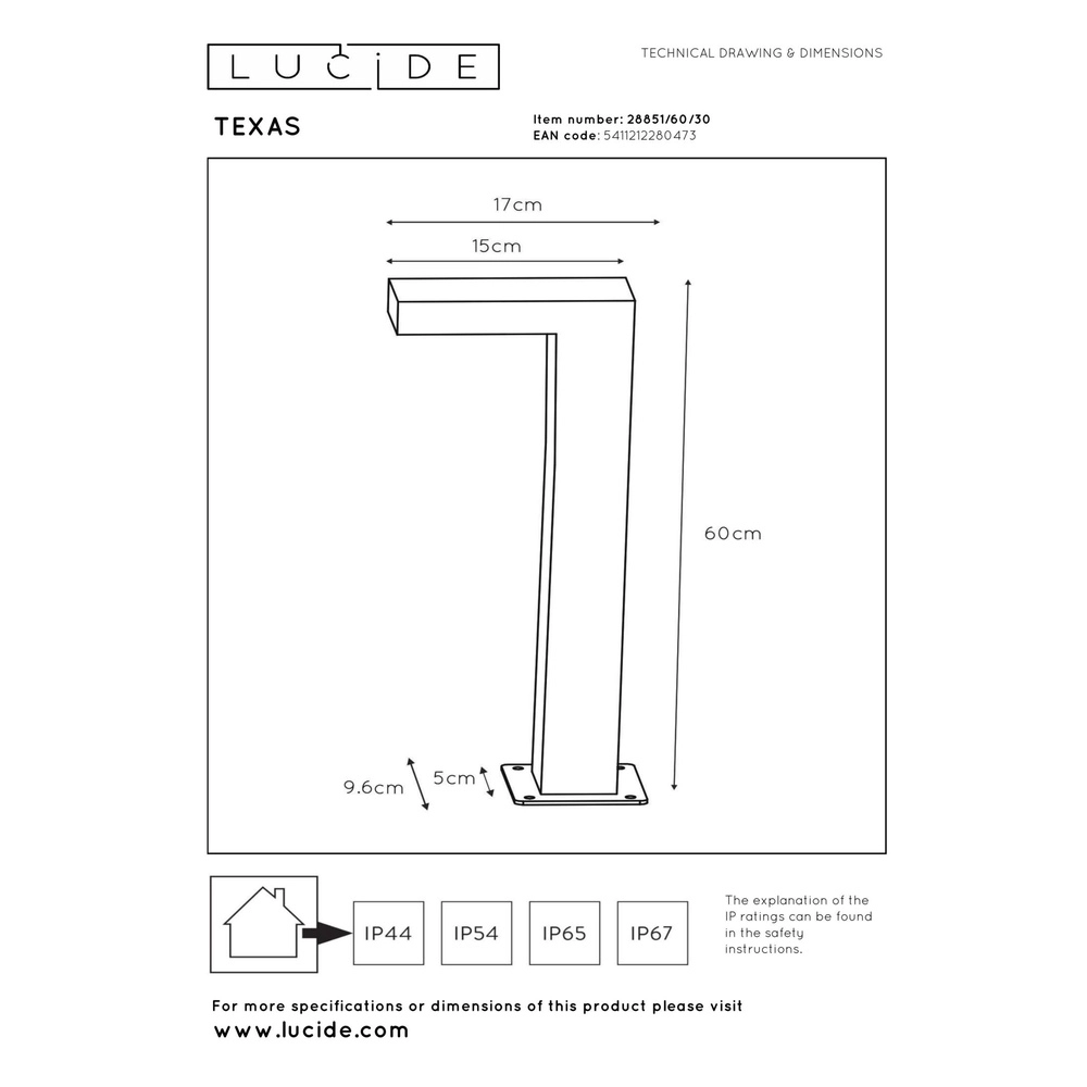 Lampe à piédestal Texas Anthracite de 60 cm Lucide 5411212280473