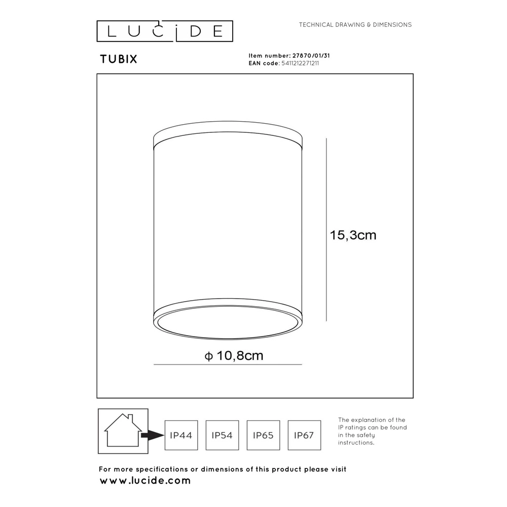 Projecteur de plafond Tubix IP54 blanc Lucide 5411212271211