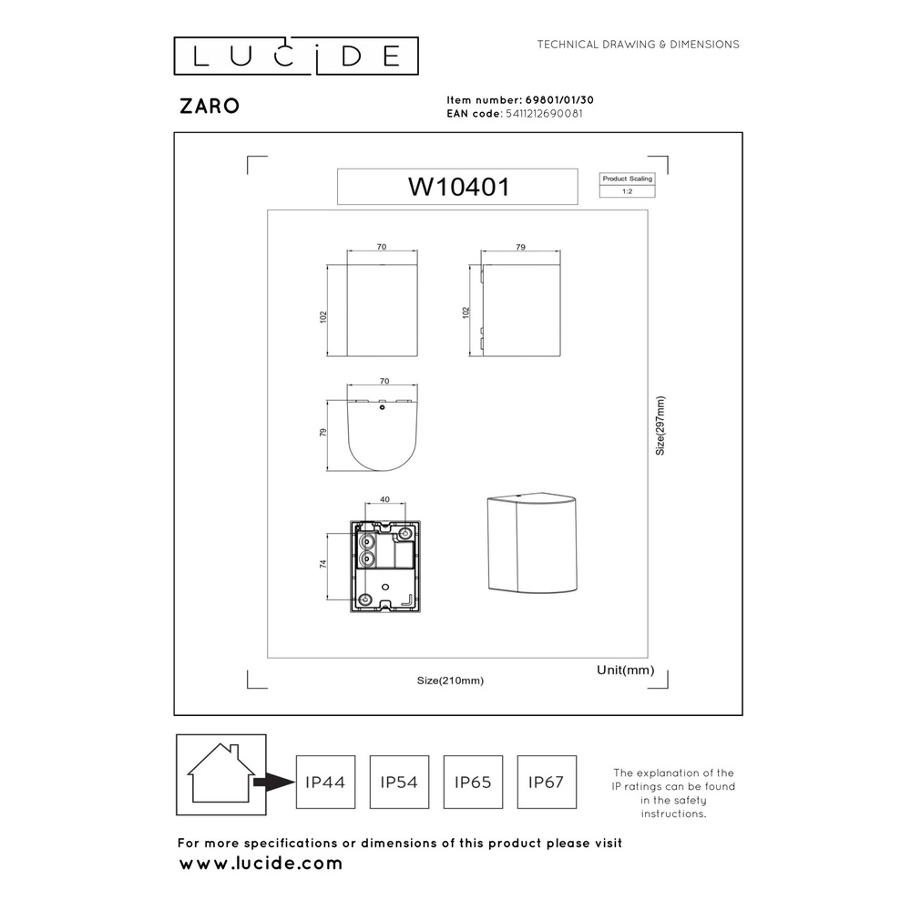 Projecteur mural Zaro IP44 noir simple Lucide 5411212690081