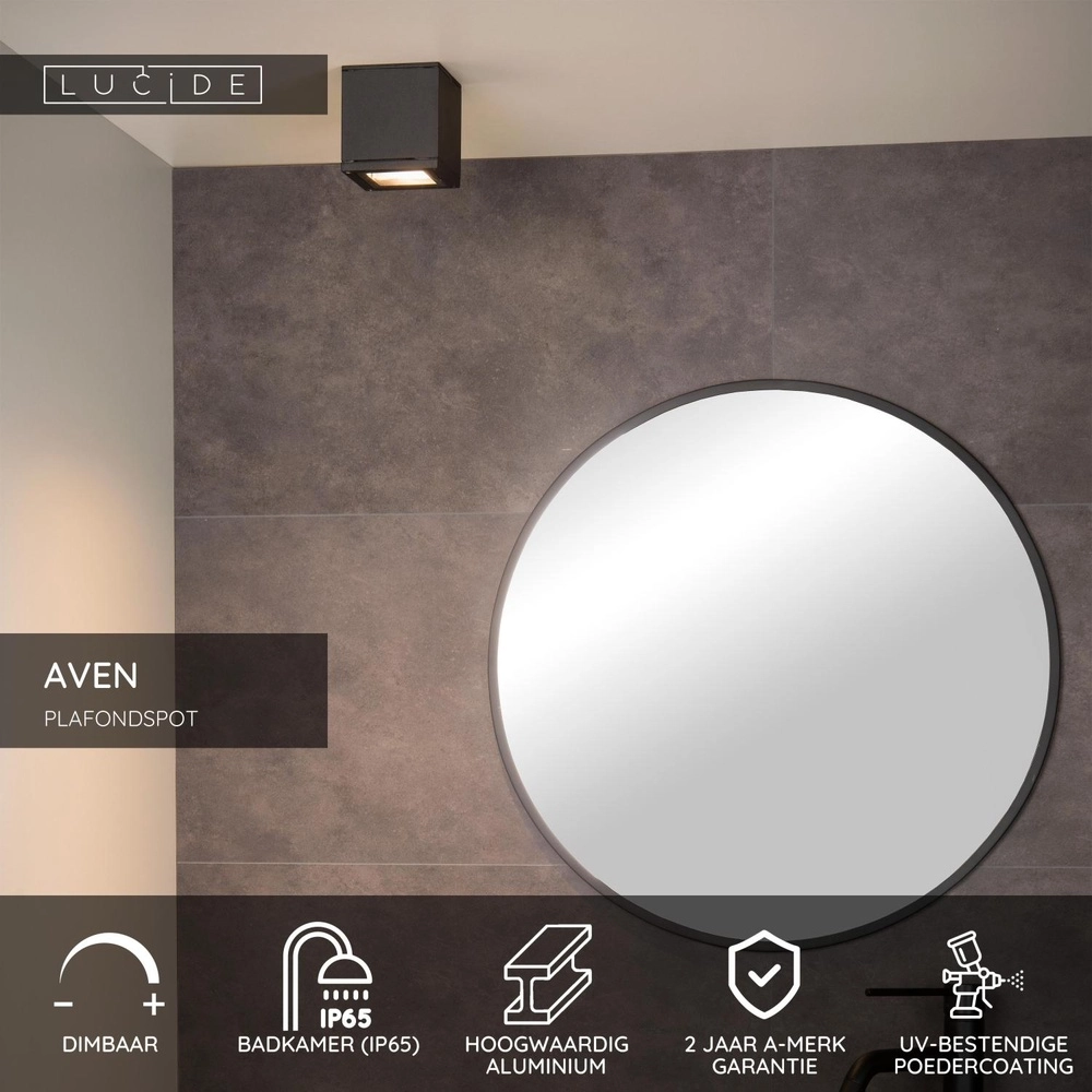 Projecteur carré de plafond Aven toilette IP65 noire Lucide 5411212221452