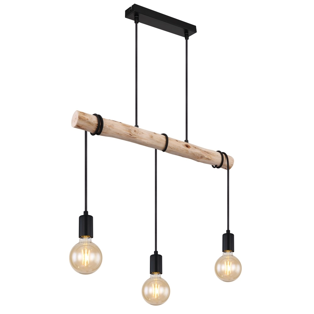Lampe suspendue de table à manger à 3 lumières Gregor noir avec bois