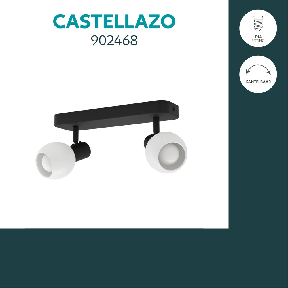 Lampe de plafond Castellazo Noir à deux lumières avec verre blanc Eglo 9008606392131