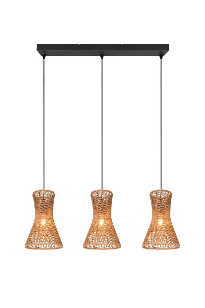Suspension 3 lumières Bijou noir avec rotin