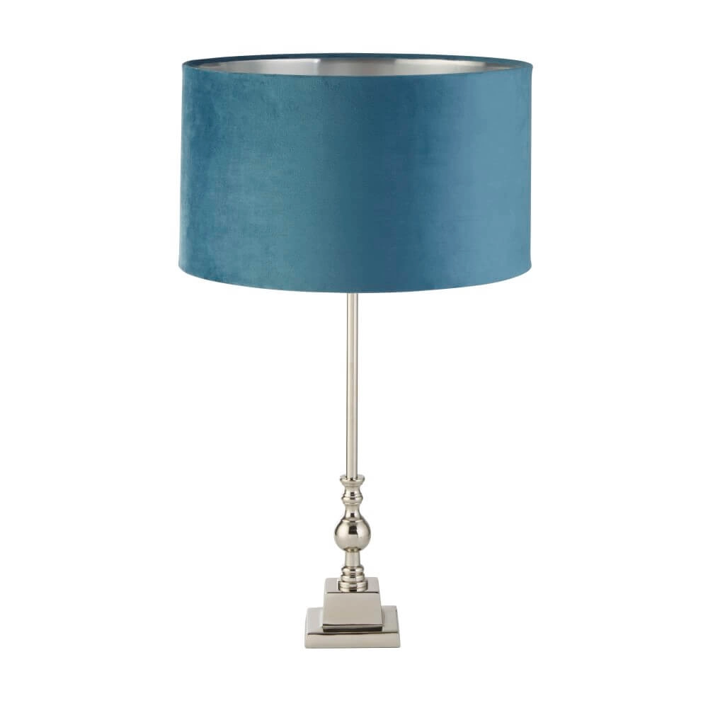 Lampe de table chromée Whitby avec capuche bleue Lampe de table chromée Whitby avec capuche bleue