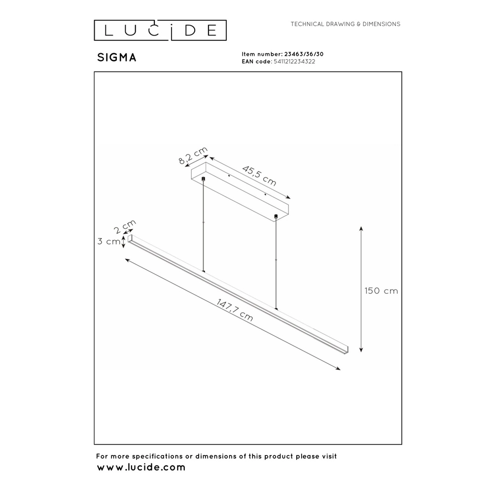 Lampe suspendue élégante Sigma noir 147,7 cm Lucide 5411212234322