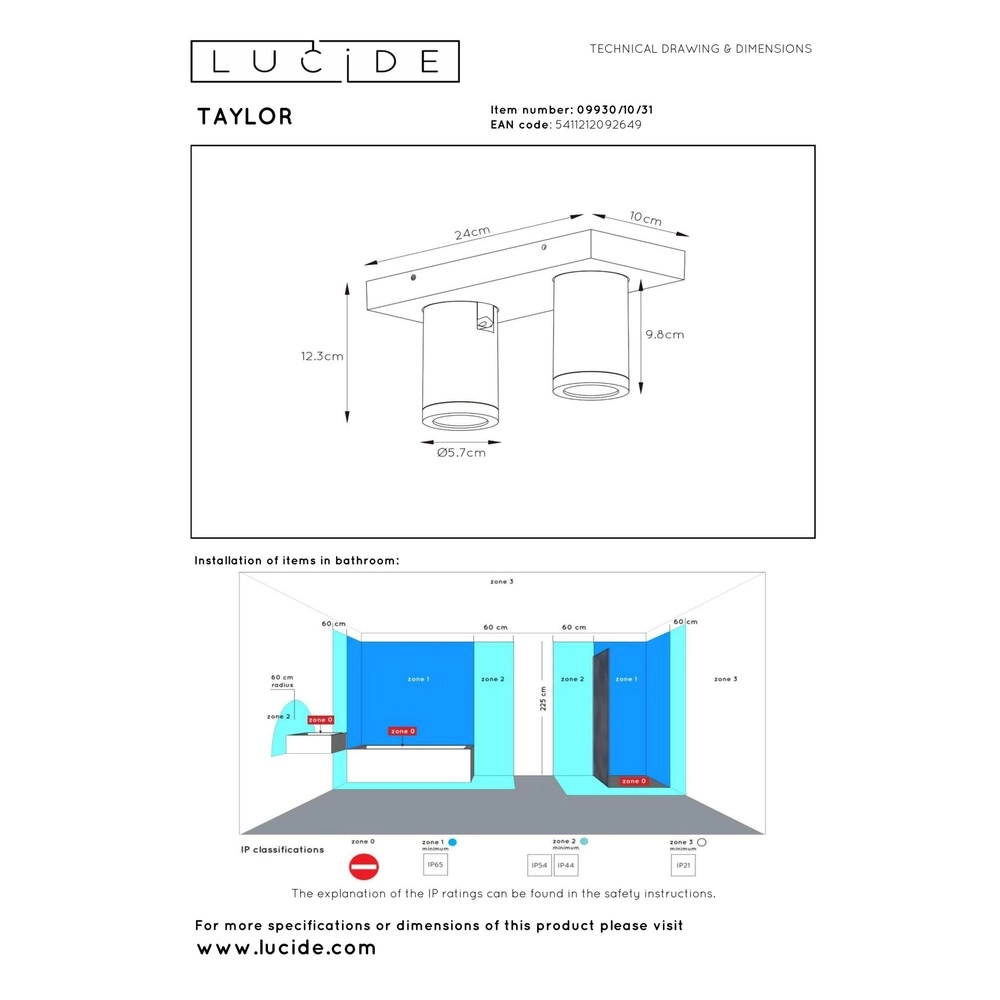 Projecteur de plafond Taylor IP44 blanc à deux lumières Lucide 5411212092649