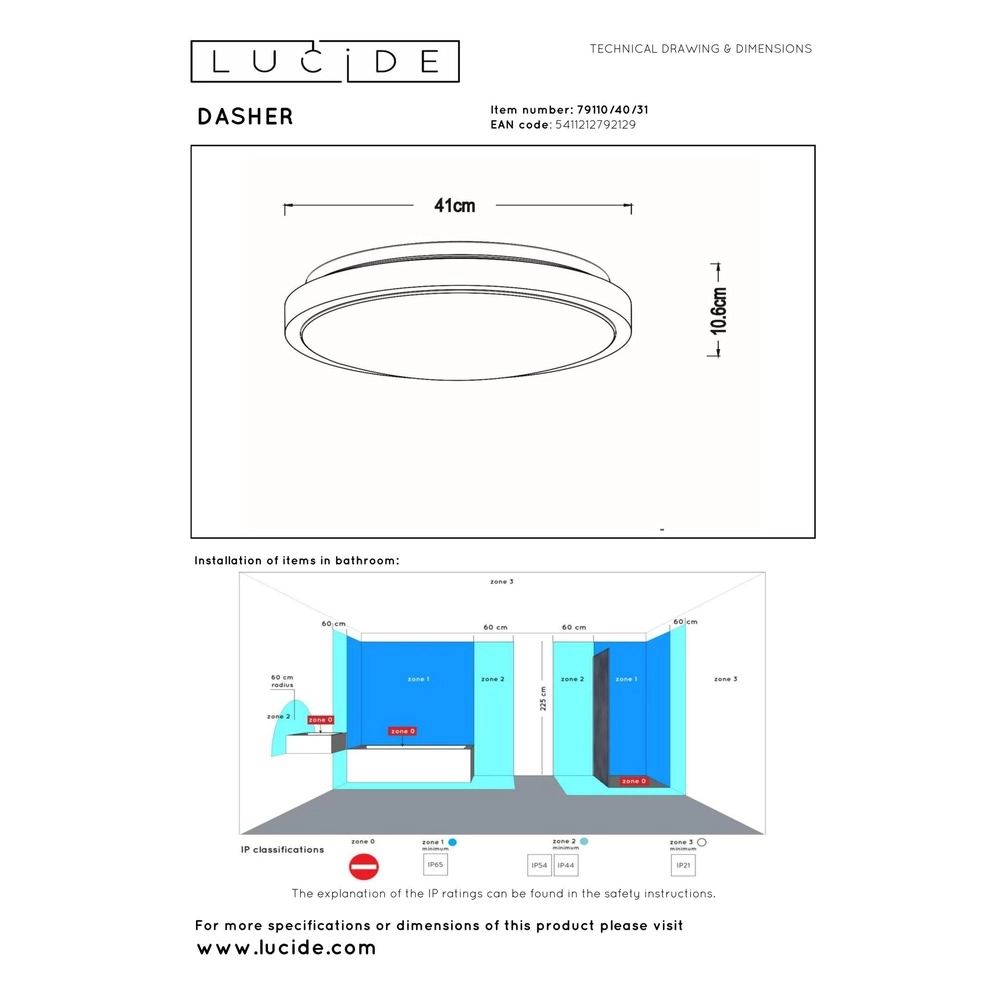 Lumière blanche de plafond Dasher Ø 41cm IP44 pour la salle de bain Lucide 5411212792129