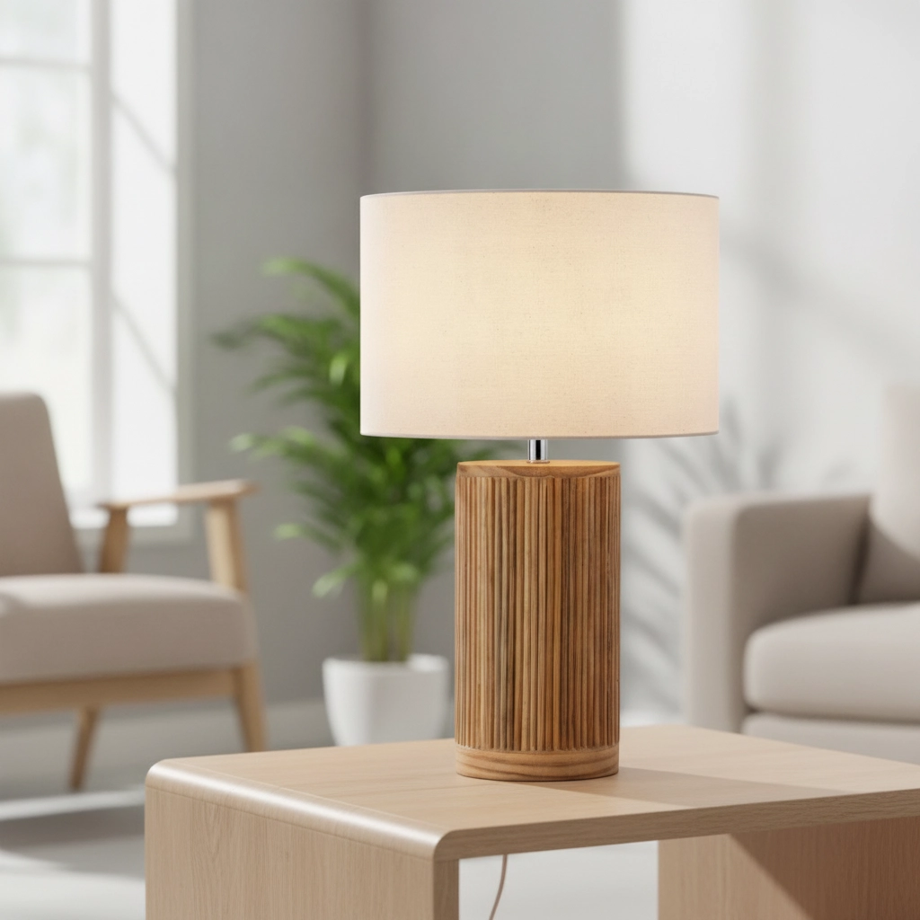 Lampe de table Nau Bois avec capot blanc
