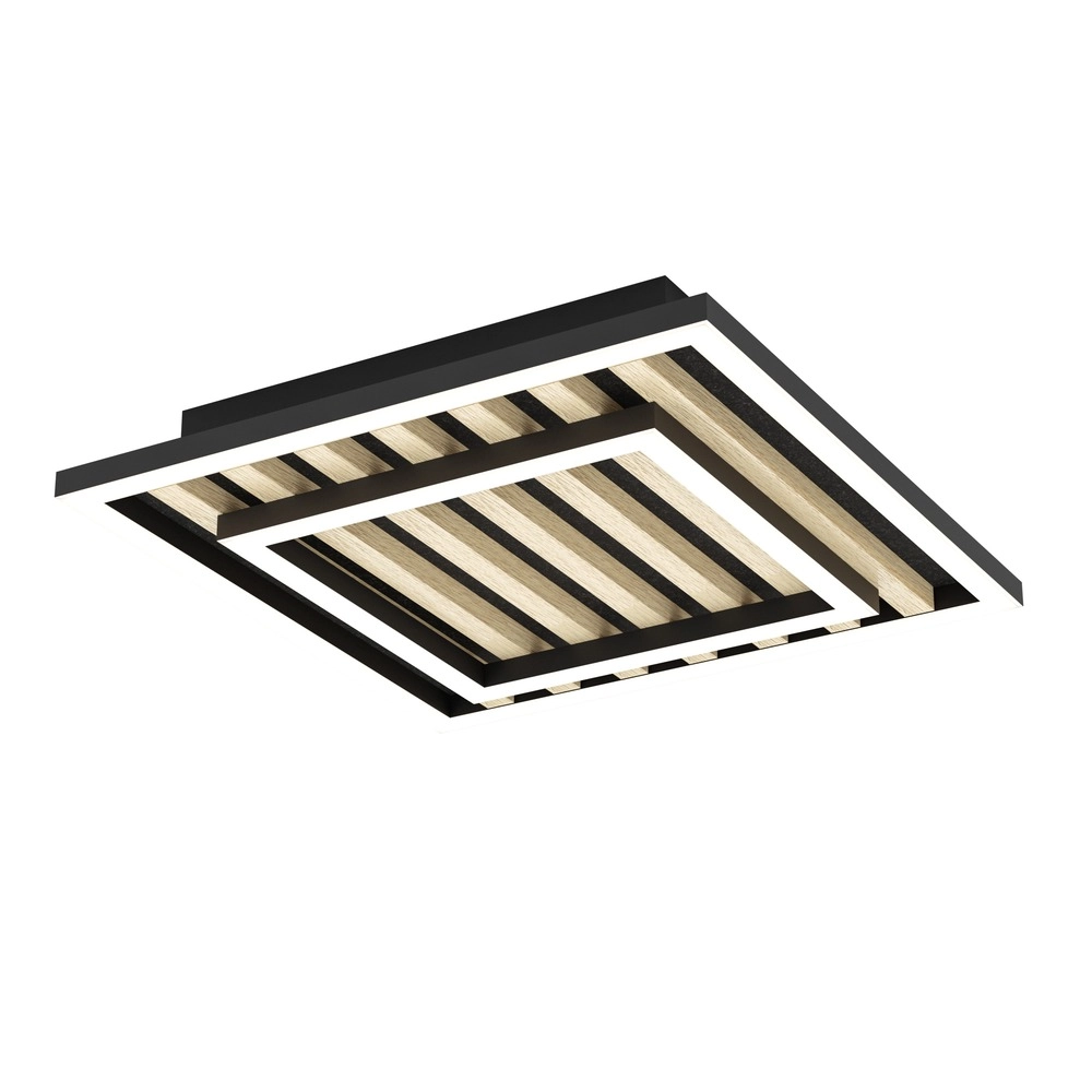 Lampe de plafond moderne Cembrano noir avec un carré en bois 31,5 x 31,5 cm