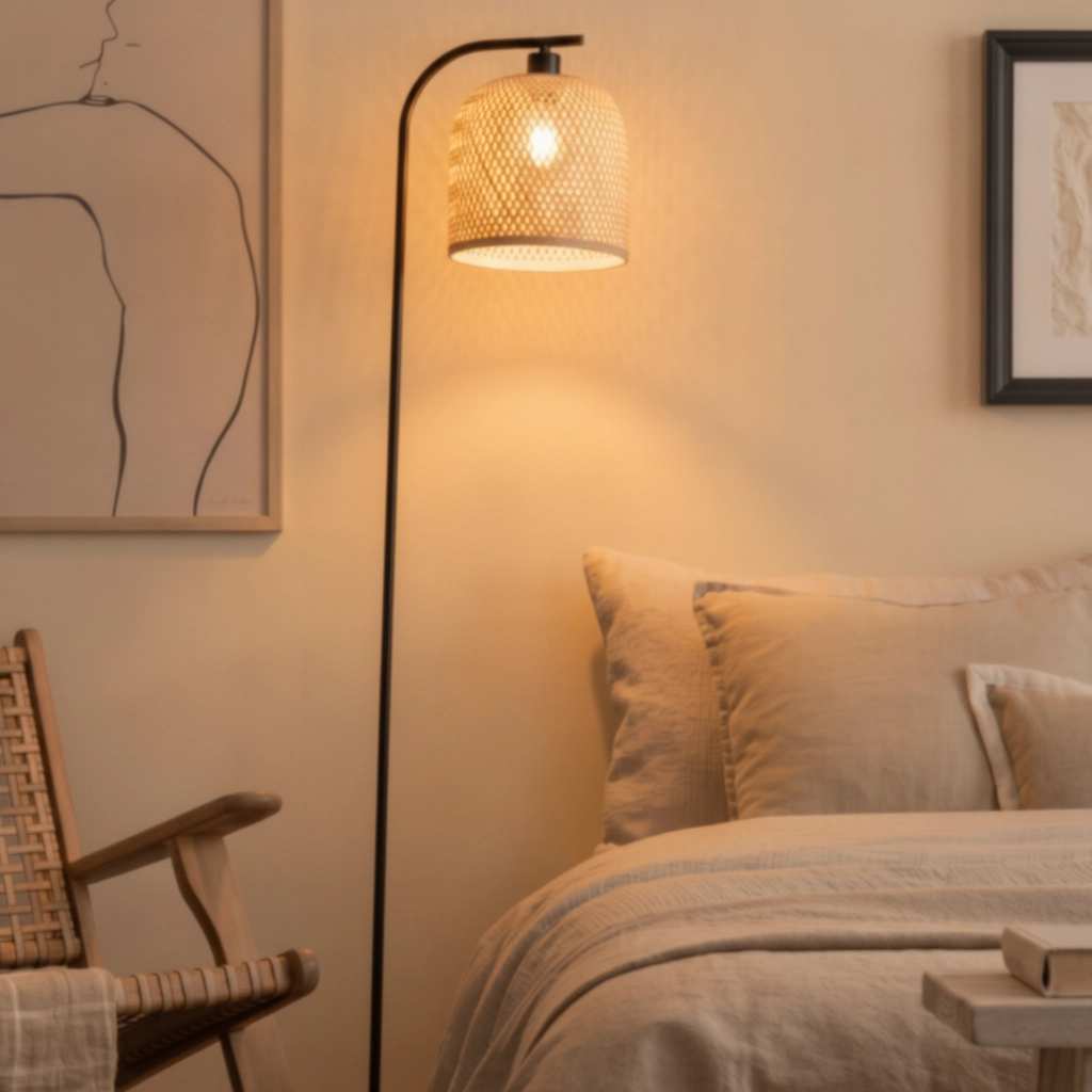 Lampadaire Intra noir avec capuchon en bambou