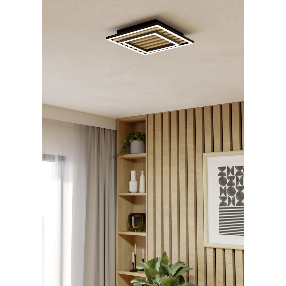 Lampe de plafond moderne Cembrano noir avec un carré en bois 31,5 x 31,5 cm Eglo 9008606388219