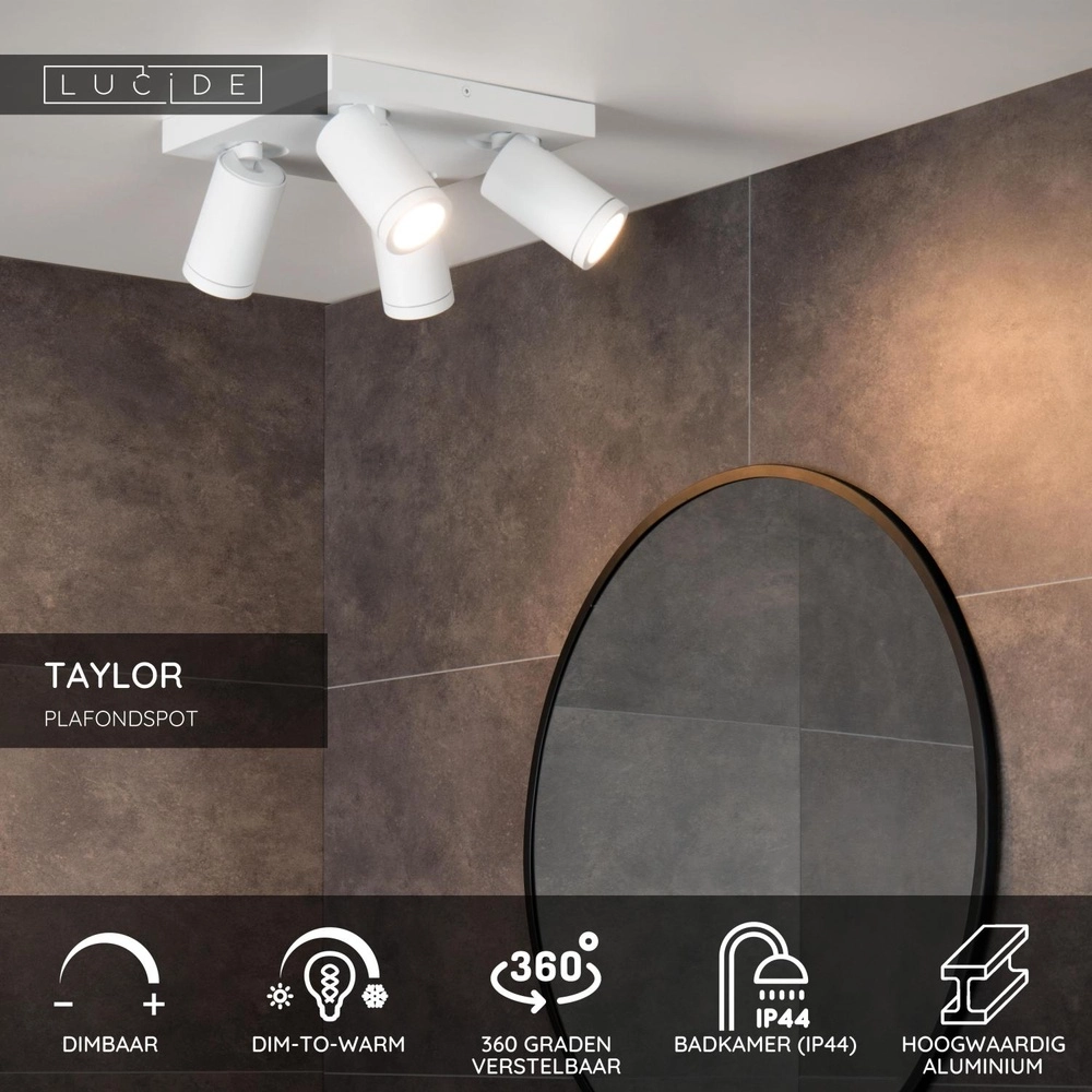 Projecteur de plafond Taylor IP44 blanc à 4 lumières Lucide 5411212092687
