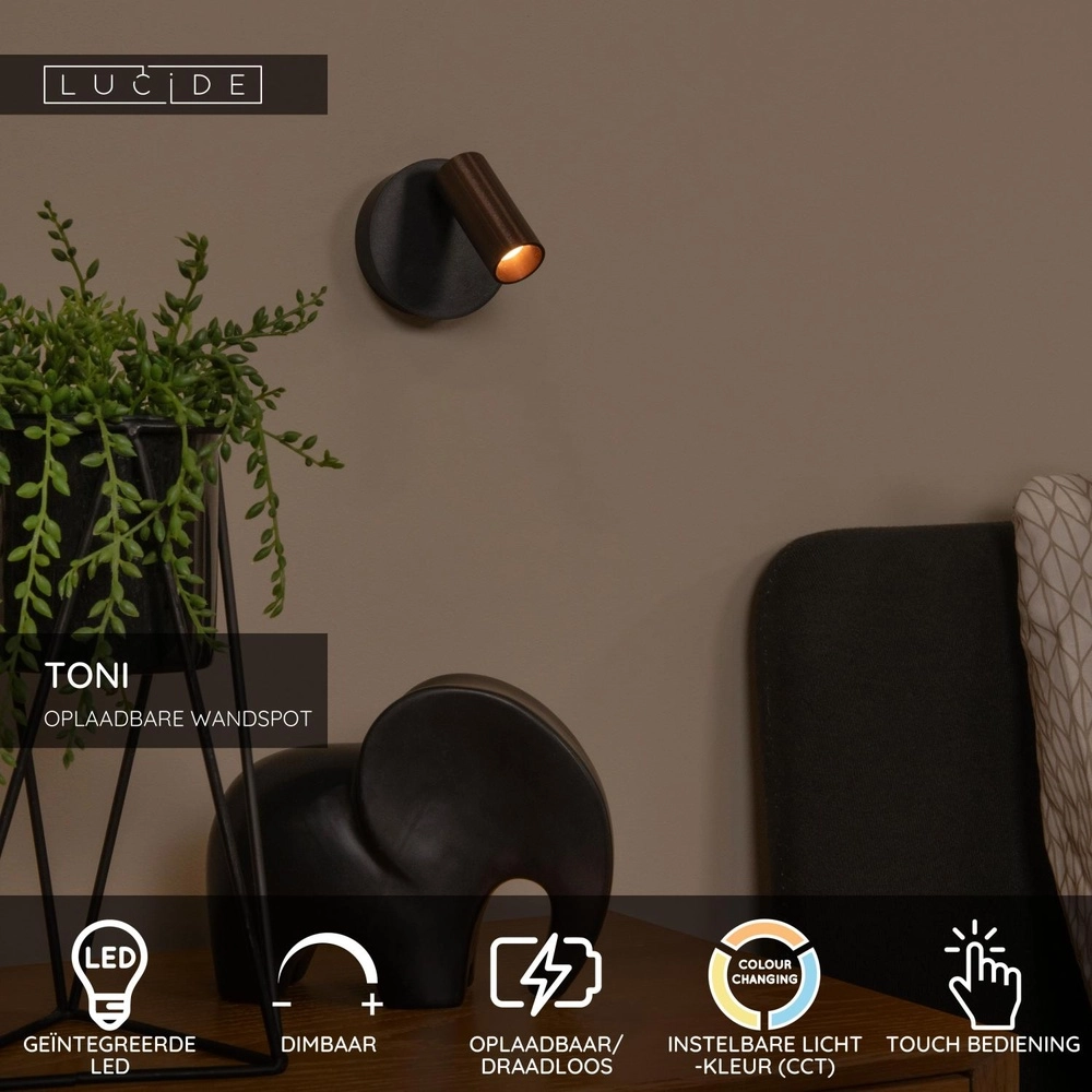Lampe murale rechargeable Toni Marron café magnétique Lucide 5411212290557