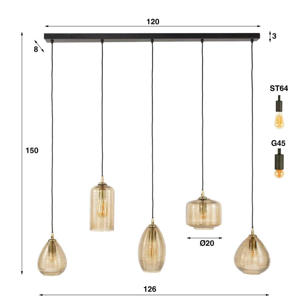Lampe pendante de salle à manger Stripe 5 lumières - verre nervuré Lyora 8716803511118