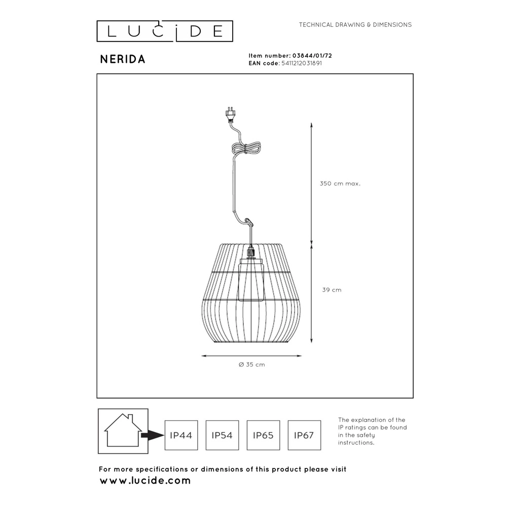 Lampe suspendue Nerida rotin IP44 - Ø 35cm Lucide 5411212031891