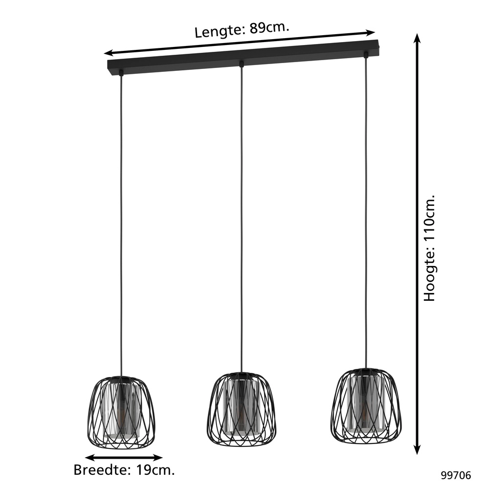 Lampe suspendue filaire Floresta 3L - avec verre fumé Eglo 9002759997069