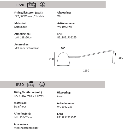 Lampe de lecture élégante Sensa blanc avec du bois Artdelight 8719831733255
